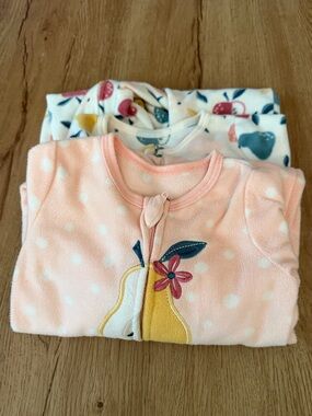 Soft Pink & Cream Baby Footed Sleeper, Pear, Polka Dot and Flower Design